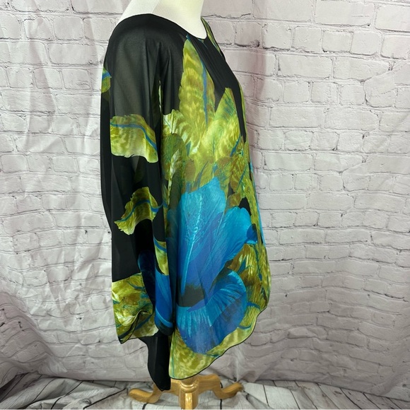 mirelle Blue tropical Floral print sheer Blouse kimono sleeve high low hem OS - Picture 2 of 7